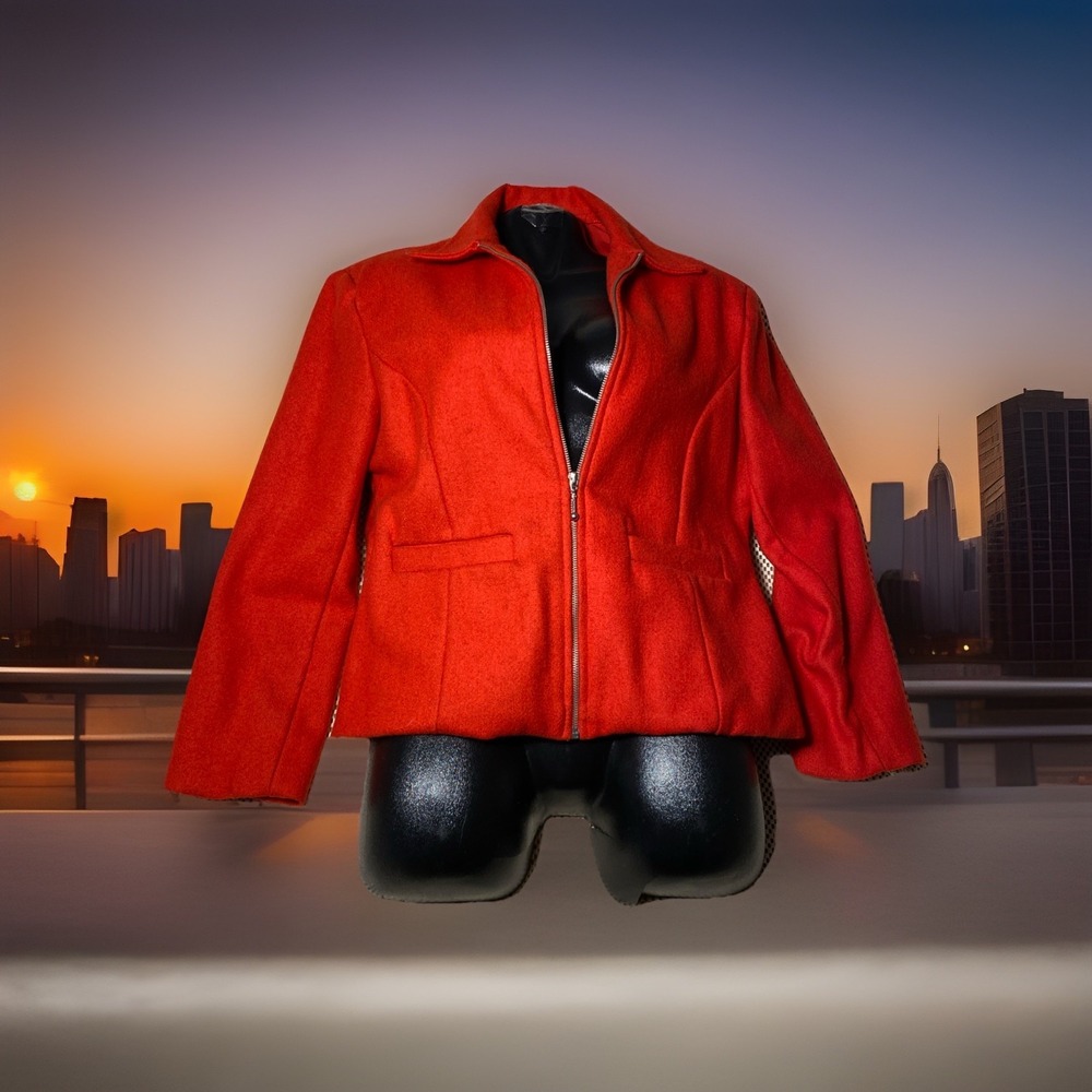 Wool Jacket Vintage Agree Red‎ Coat Zipper Front Besom Pockets Women's 10-12 / M